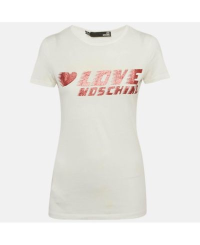 Pre-Owned Love Moschino Женская хлопковая трикотажная футболка с блестящим логотипом, белая