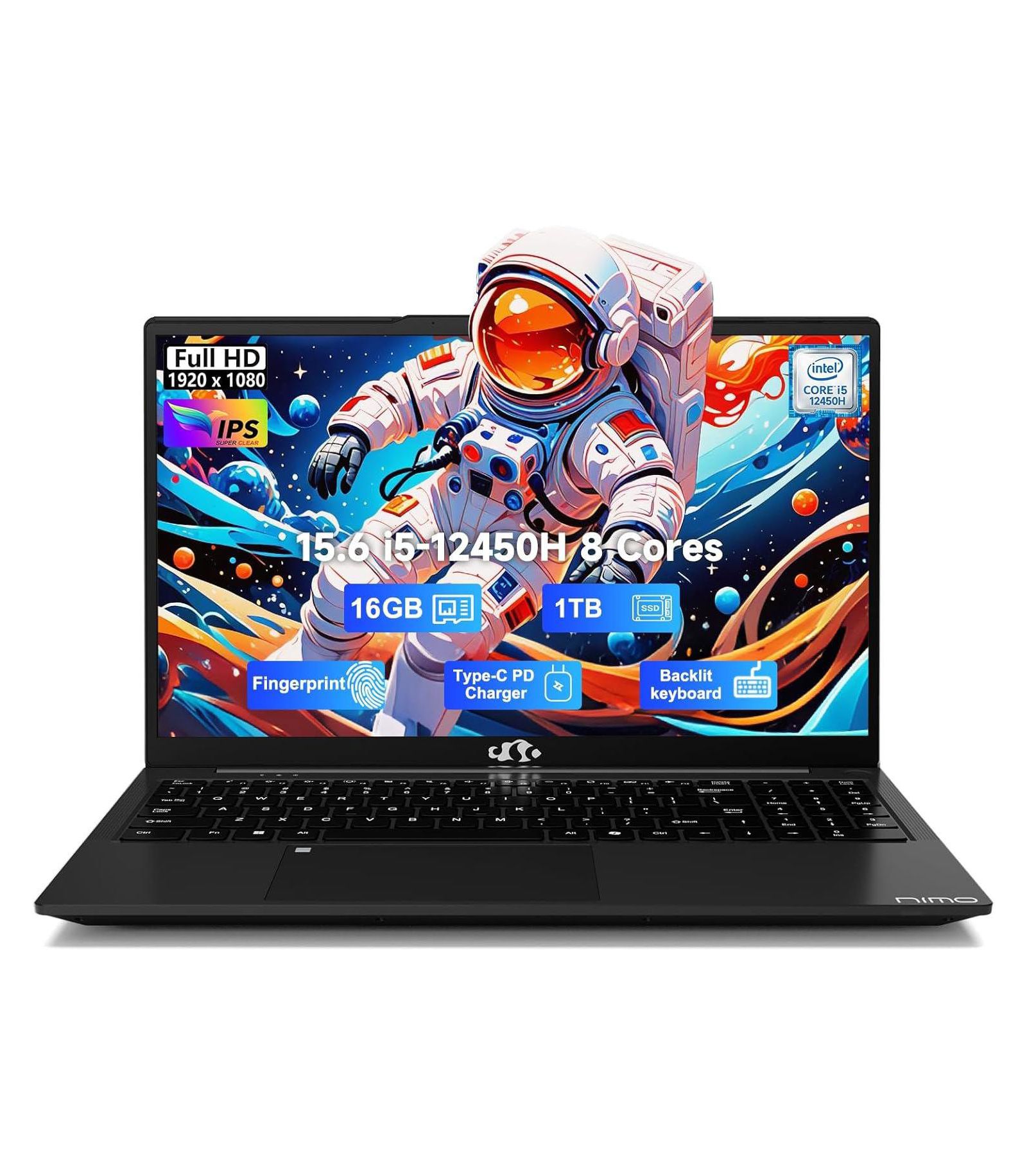 NIMO ноутбук 15.6" FHD IPS, 8 ядер Intel i5-12450H, 16GB RAM, 1TB SSD, Wi-Fi 6