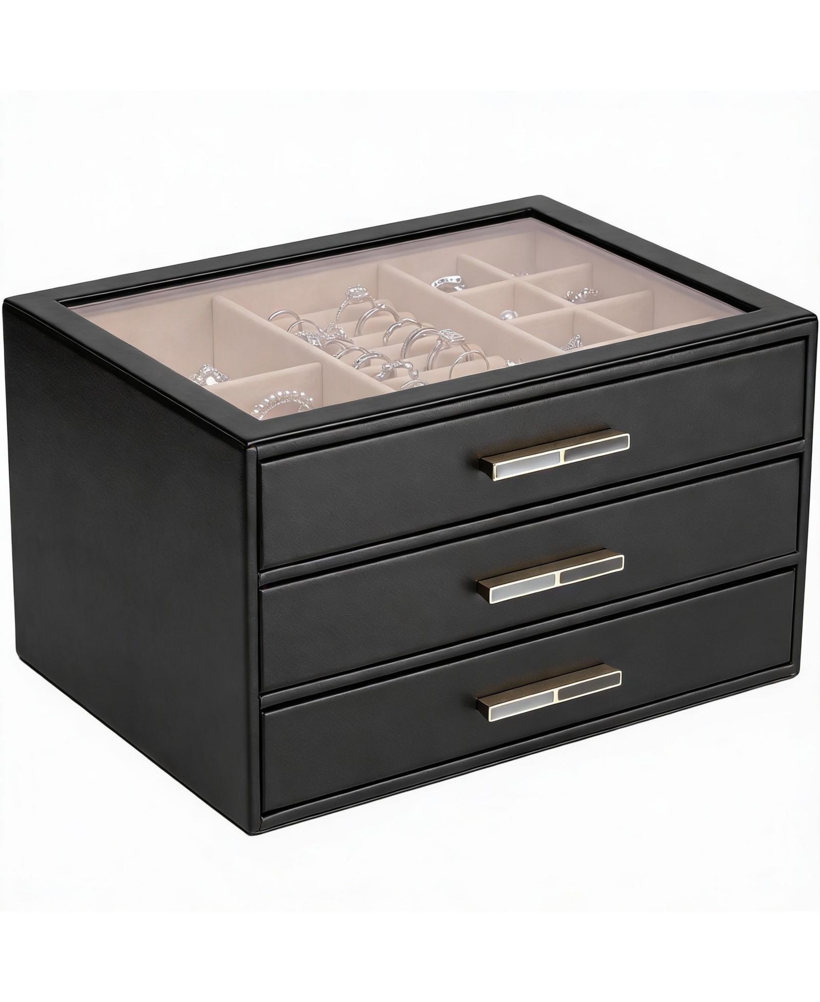 YIGII 3 Layer Leather Jewelry Box with Clear Lid and Gold Hardware