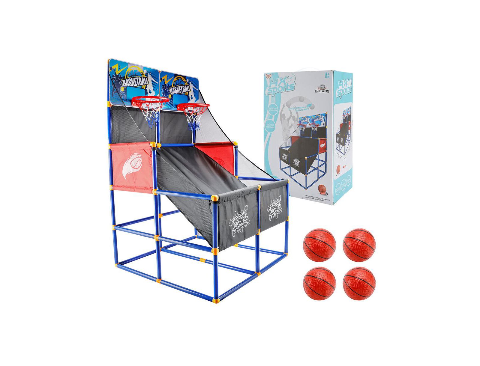 Аркадный игровой автомат для баскетбола Bruce & Shark Double Hoop для детей, спортивная игрушка для дома и улицы с 4 мячами и насосом