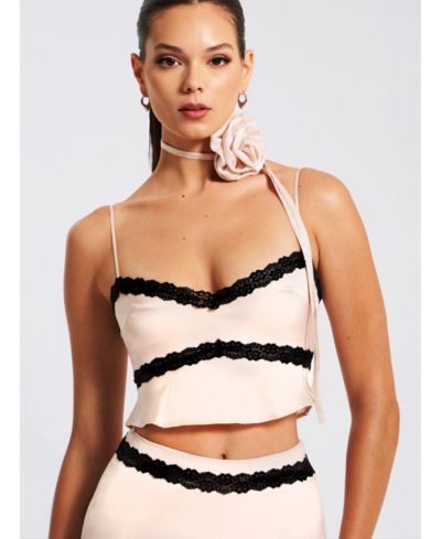 Miss Circle Women's Yareli Beige Lace Trim Satin Strappy Top