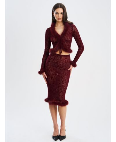 Miss Circle Women's Halia Burgundy Animal Print Burnout Velvet Faux Fur Trim Skirt