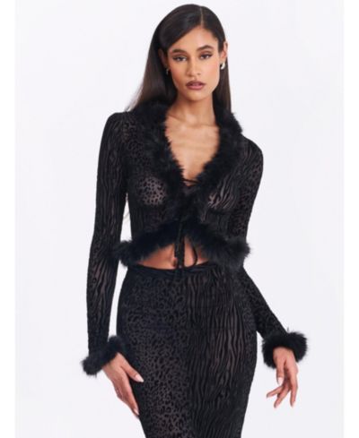 Miss Circle Women's Hali Black Animal Print Burnout Velvet Fur Trim Top