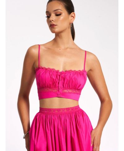 Miss Circle Women's Maya Fuchsia Cotton Poplin Top With Lace Trim