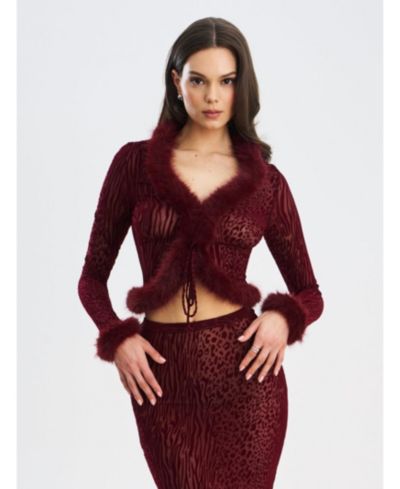 Miss Circle Women's Hali Burgundy Animal Print Burnout Velvet Fur Trim Top