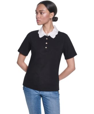 KARL LAGERFELD PARIS Women's Collared Short-Sleeve Blouse Top