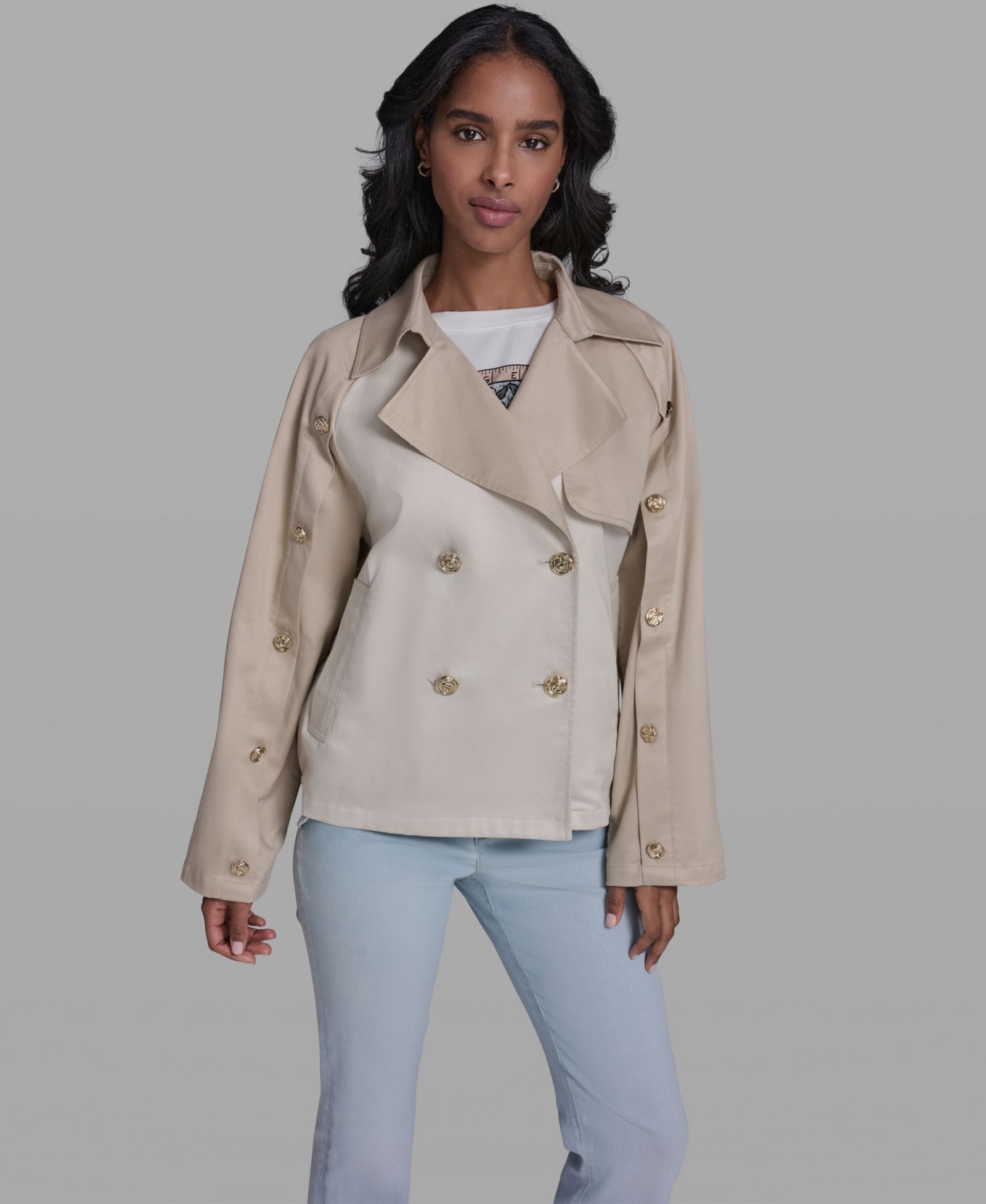 Куртка KARL LAGERFELD PARIS Women's Crop Trench Button-Sleeve Quilted Back