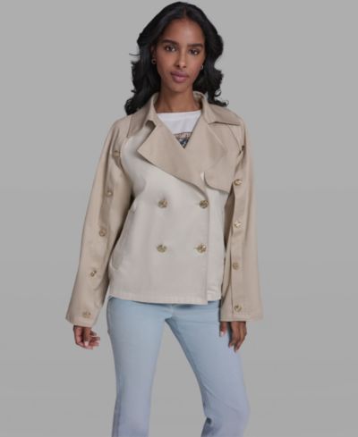 KARL LAGERFELD PARIS Women's Crop Trench Button-Sleeve Quilted Back Jacket