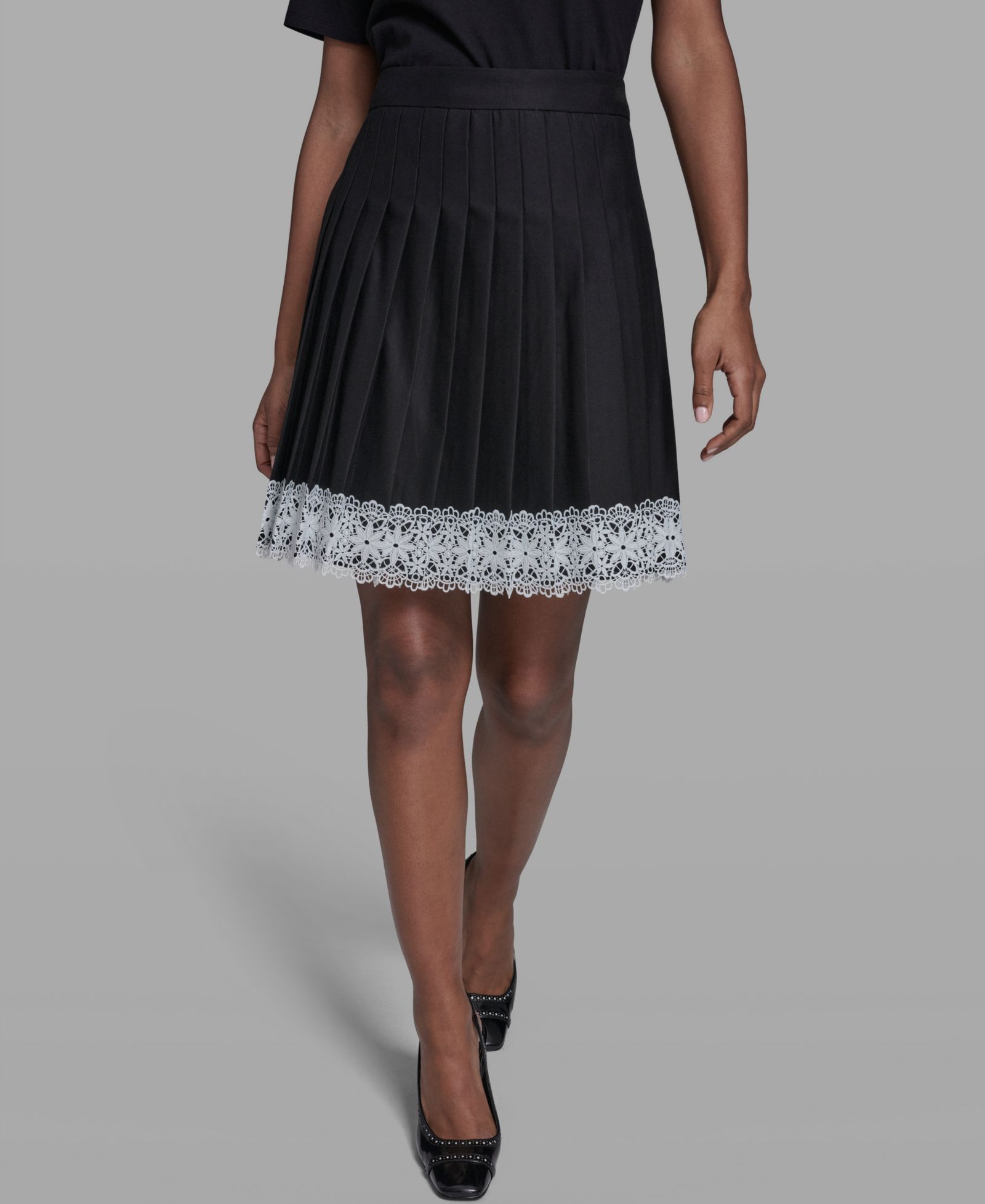 KARL LAGERFELD PARIS Women's Pleated Lace Trim Skirt