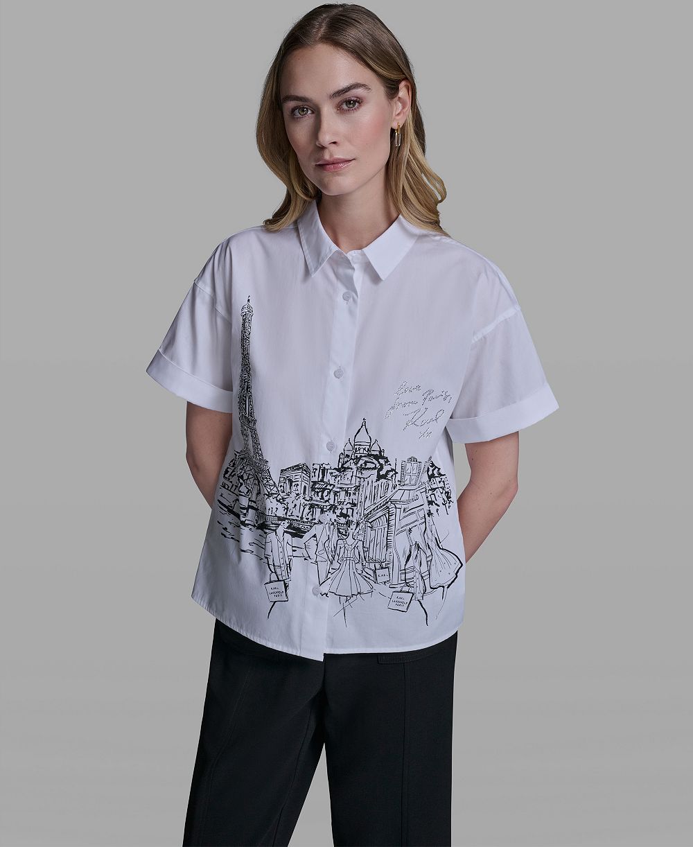 Женская рубашка KARL LAGERFELD PARIS Collared Short Sleeve Paris Scene Poplin