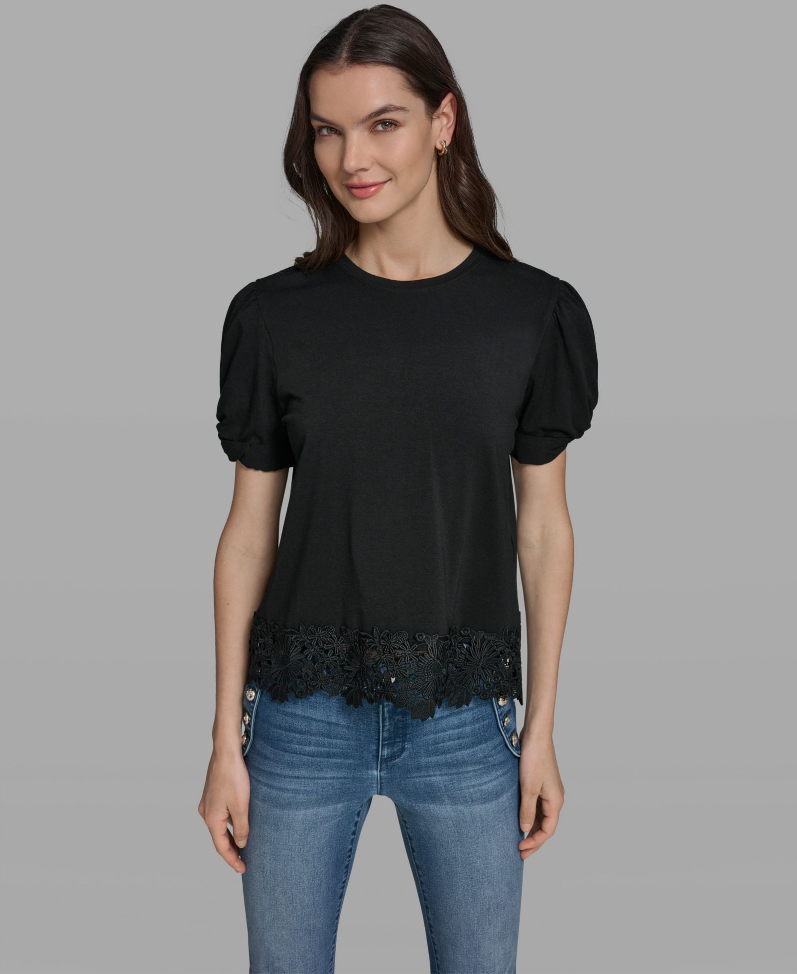 Топ KARL LAGERFELD PARIS Women's Crew Neck Short-Sleeve Floral Crochet-Trim