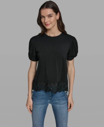 Топ KARL LAGERFELD PARIS Women's Crew Neck Short-Sleeve Floral Crochet-Trim