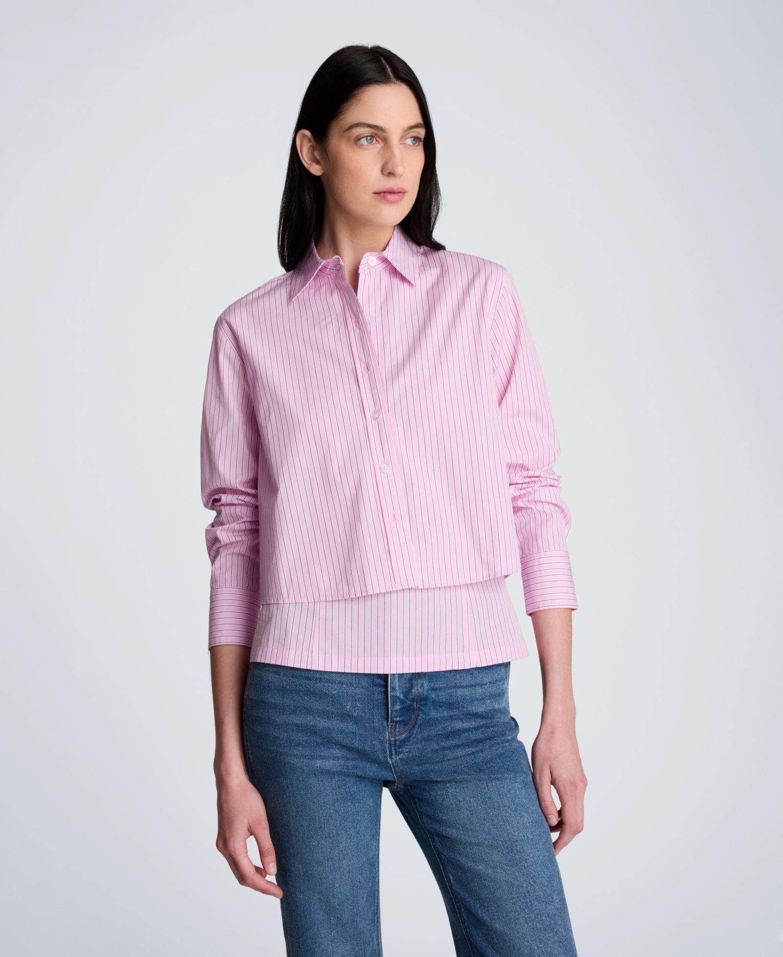 Striped Poplin Cropped Long Sleeve Button Front Shirt