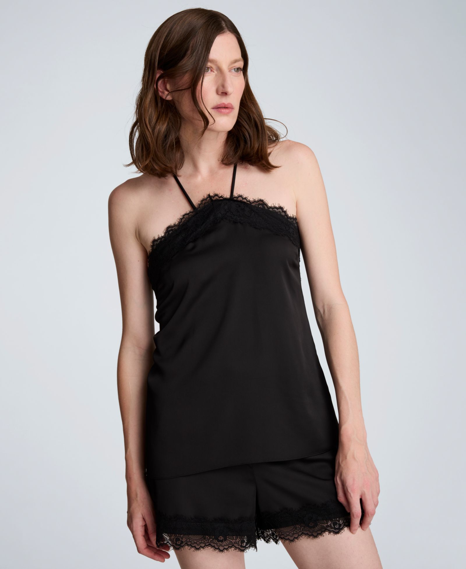 Kenneth Cole Women's Solid Satin Sleeveless Halter with Lace Trim