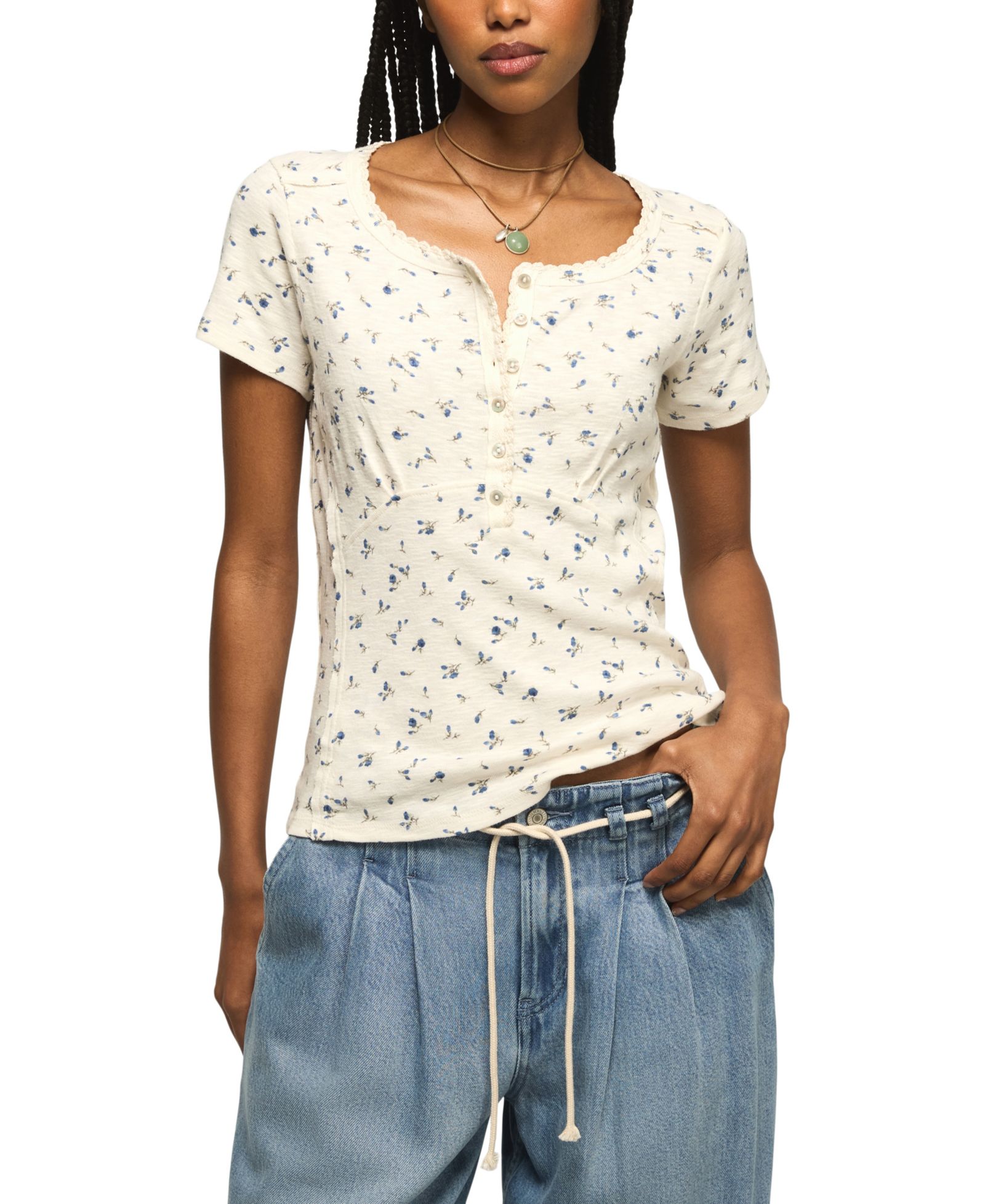 Женский топ Lucky Brand Crochet Trim Short-Sleeve Henley Top