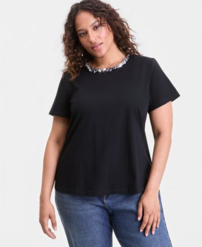 I.N.C. International Concepts Plus Size Sequin-Neck-Trim T-Shirt, Macy's Exclusive