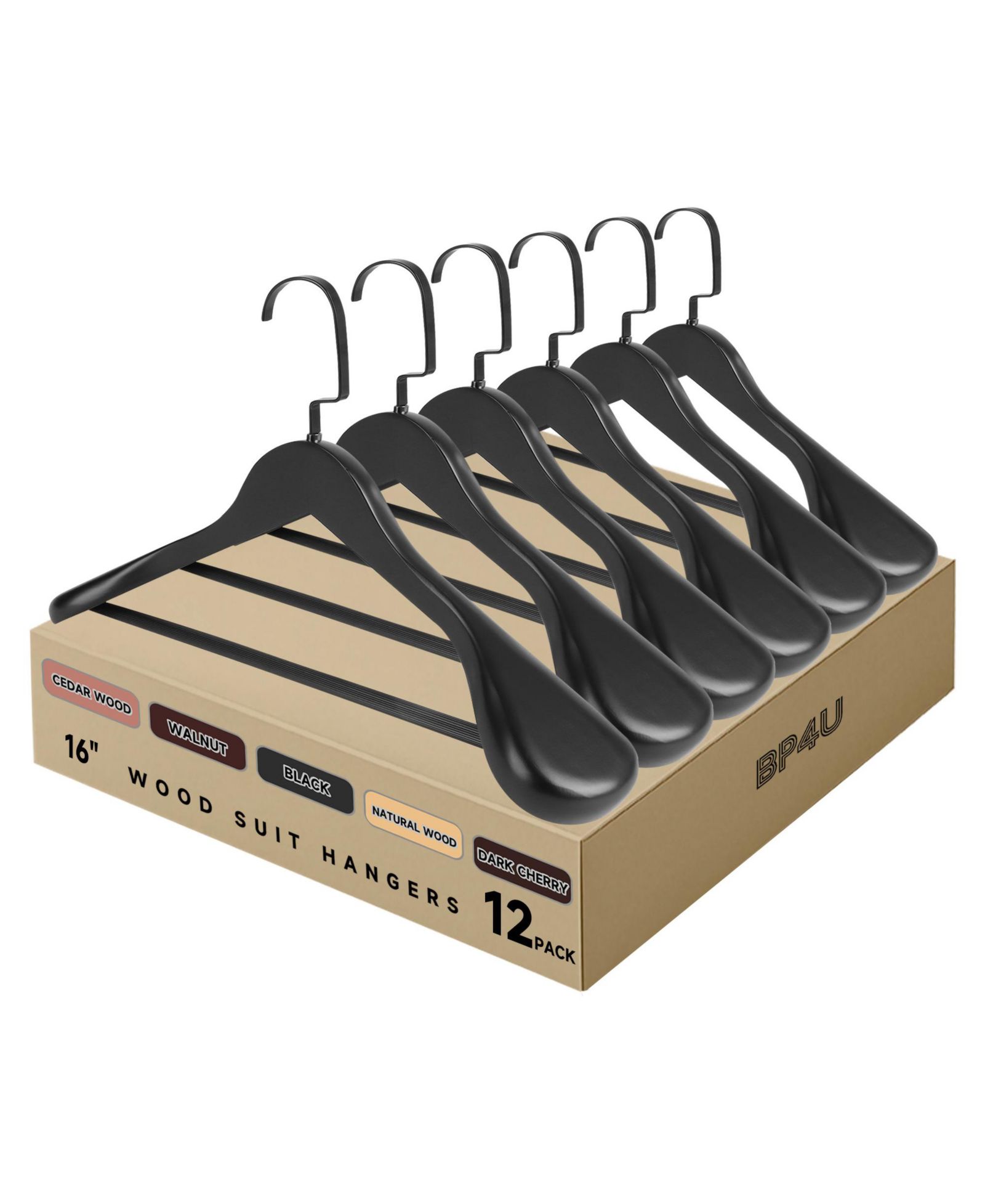 Вешалки для одежды BP4U Wooden Suit Hangers с перекладиной для брюк, 16-Inch Wide Shoulder из цельного дерева для курток, рубашек, брюк