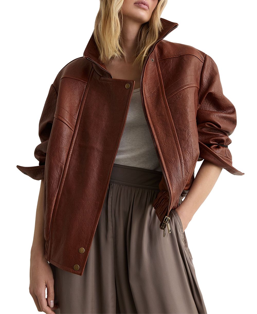 REISS Women's Petra Textured Oversized Funnel-Neck Leather Jacket