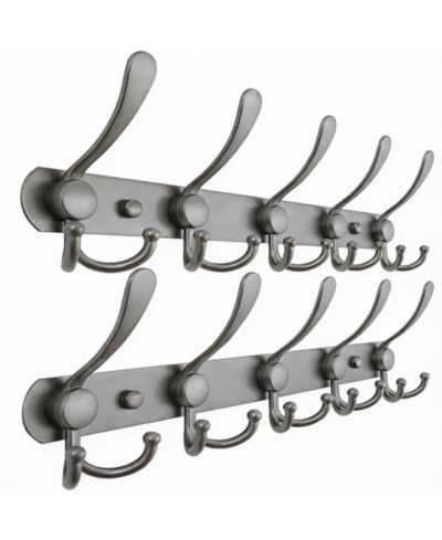 YIGII Stainless Steel 5-Tri Hook Wall Rack for Coats, Hats, Towels Grey, Pack of 2
