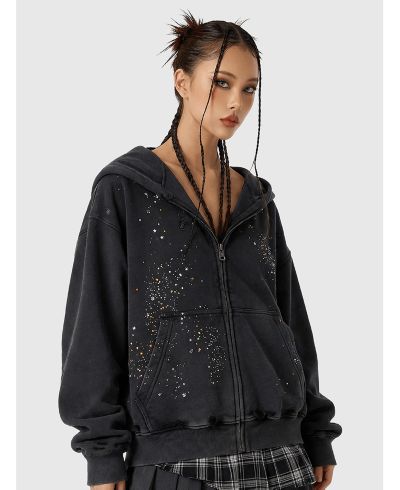 Aelfric Eden Women's Rhinestone Boxy Zip Up V302 Hoodie