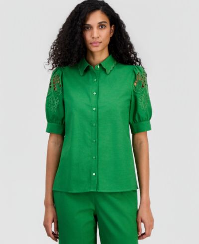 T Tahari Women's Embroidered Puffed-Sleeve Blouse