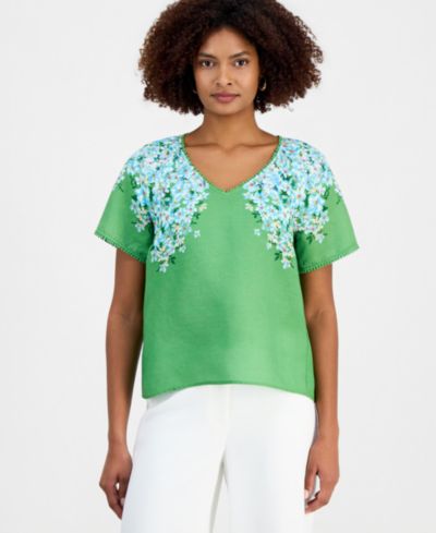 T Tahari Women's Floral V-Neck Short-Sleeve Top