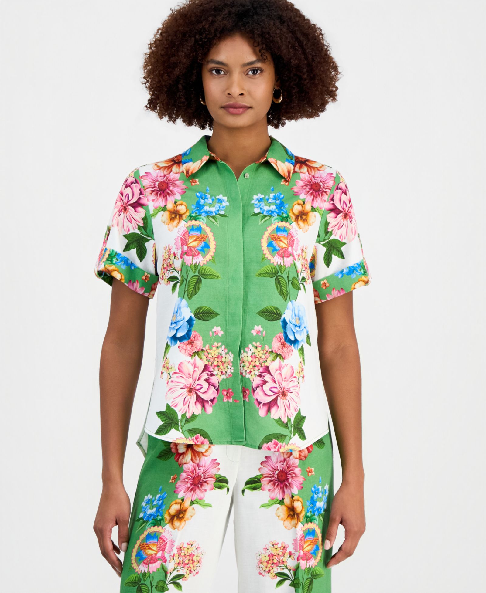 T Tahari Women's Collared Short-Sleeve Floral Blouse