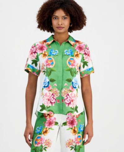 T Tahari Women's Collared Short-Sleeve Floral Blouse