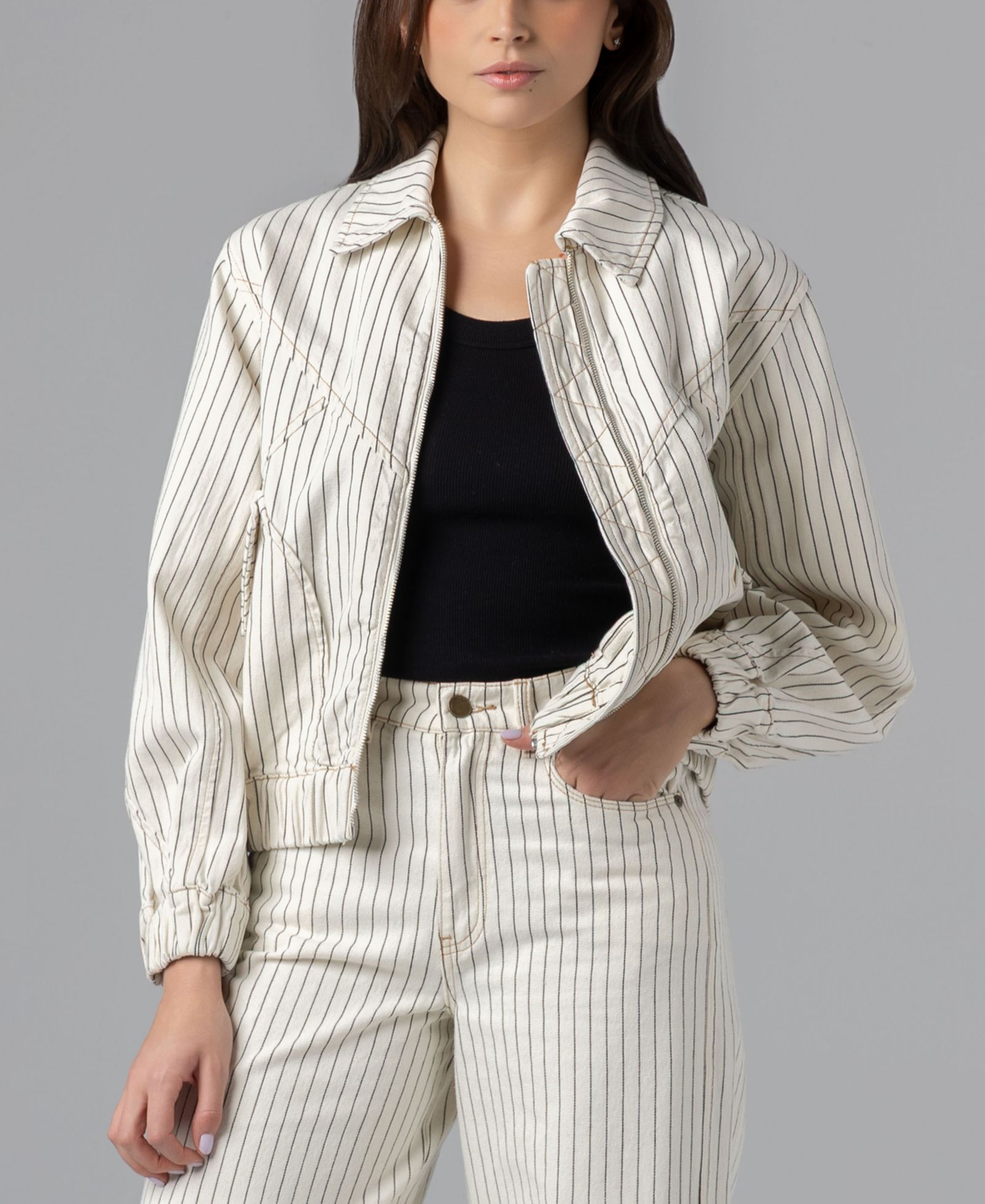 BLANK NYC Women's Rail Road Stripe Collared Bomber Jacket