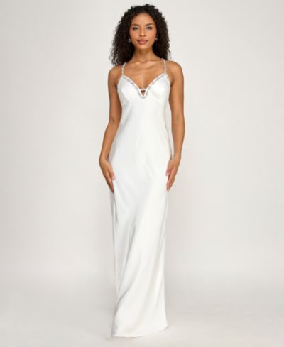 SENI & CADE Juniors' Rhinestone Trim Long V-Neck Slip Dress