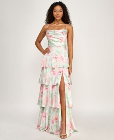 SENI & CADE Juniors' Floral Strapless Pleated Square Neck Drop Waist Dress
