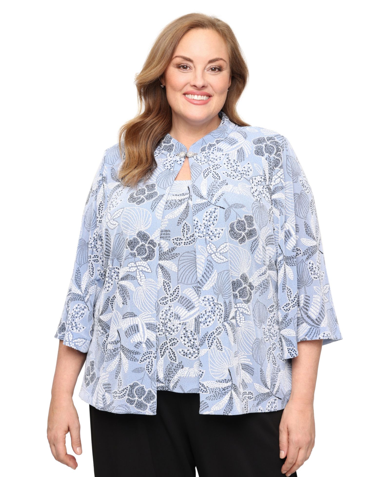 Alex Evenings Plus Size Printed Mandarin Neck Jacket and Top, 2-Piece Set