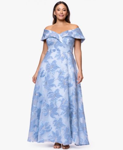XSCAPE Plus Long Jacquard Printed Off-The-Shoulder Ball Gown