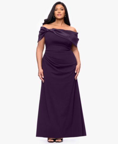 Betsy & Adam Plus Size Ruched Off-the-Shoulder Ball Gown