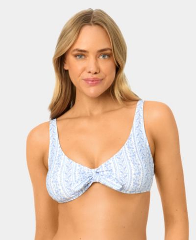 California Waves Women's Toile Stripe Knot Front Swim Bikini Top