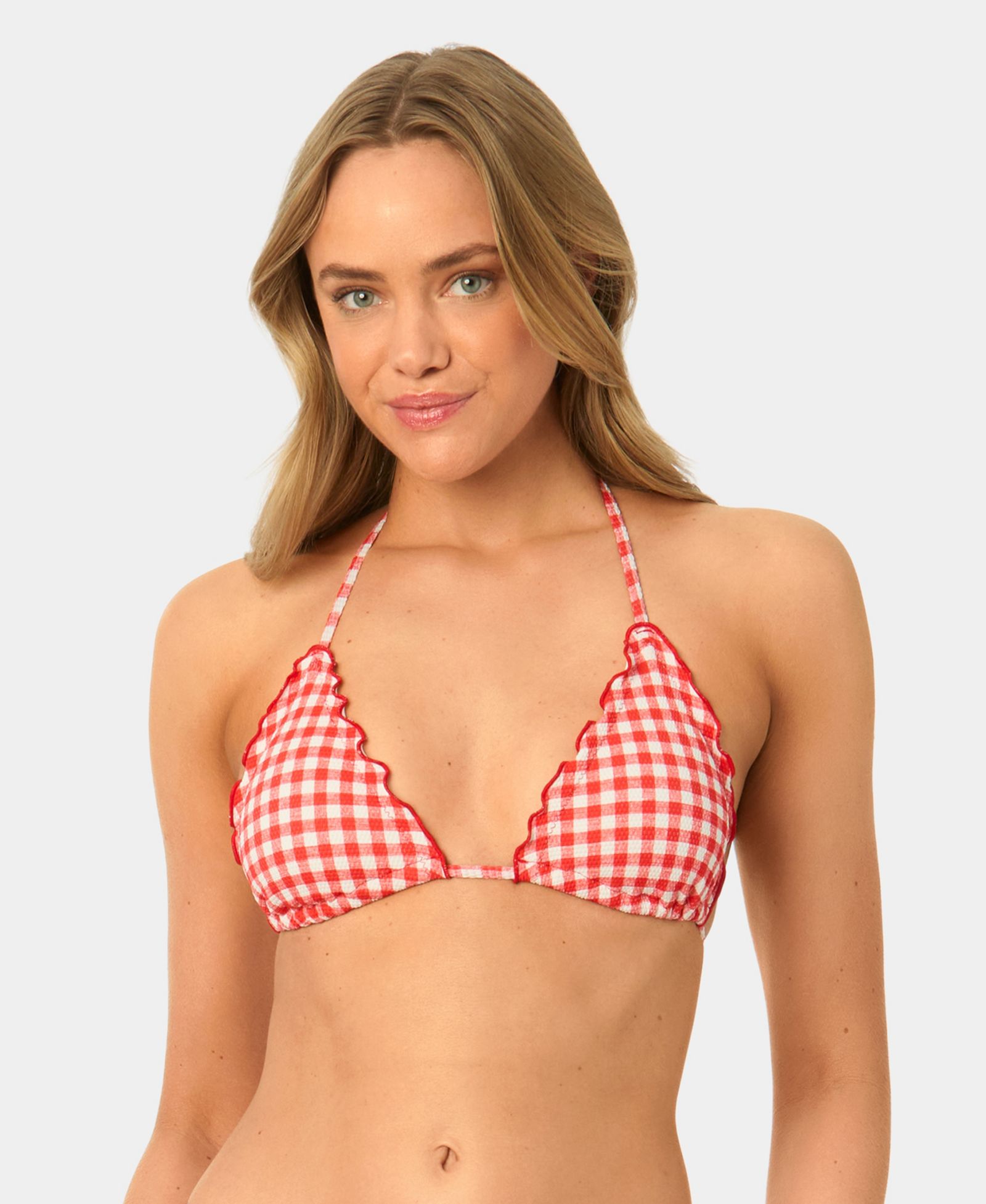 California Waves Women's Gingham Lettuce Edge Trim Swim Bikini Top