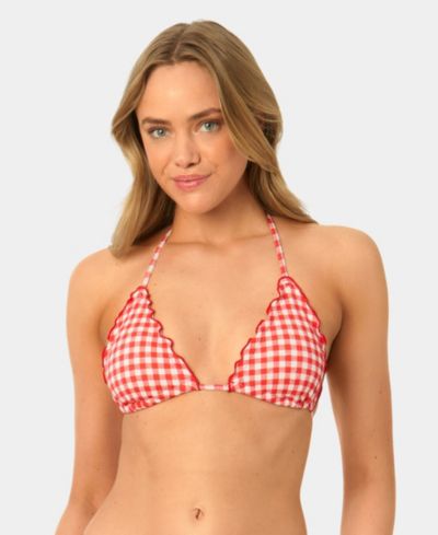 California Waves Women's Gingham Lettuce Edge Trim Swim Bikini Top