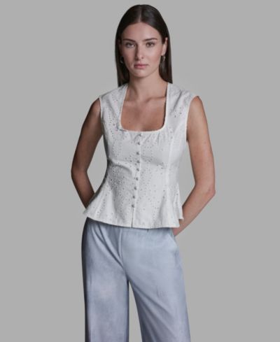 BCBG Women's Eyelet Detail Sleeveless Square Neck Peplum Top