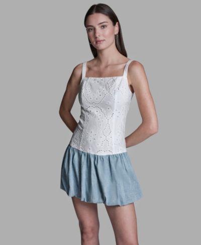 BCBG Women's Eyelet Detail Sleeveless Square Neck Bubble Hem Mini Dress