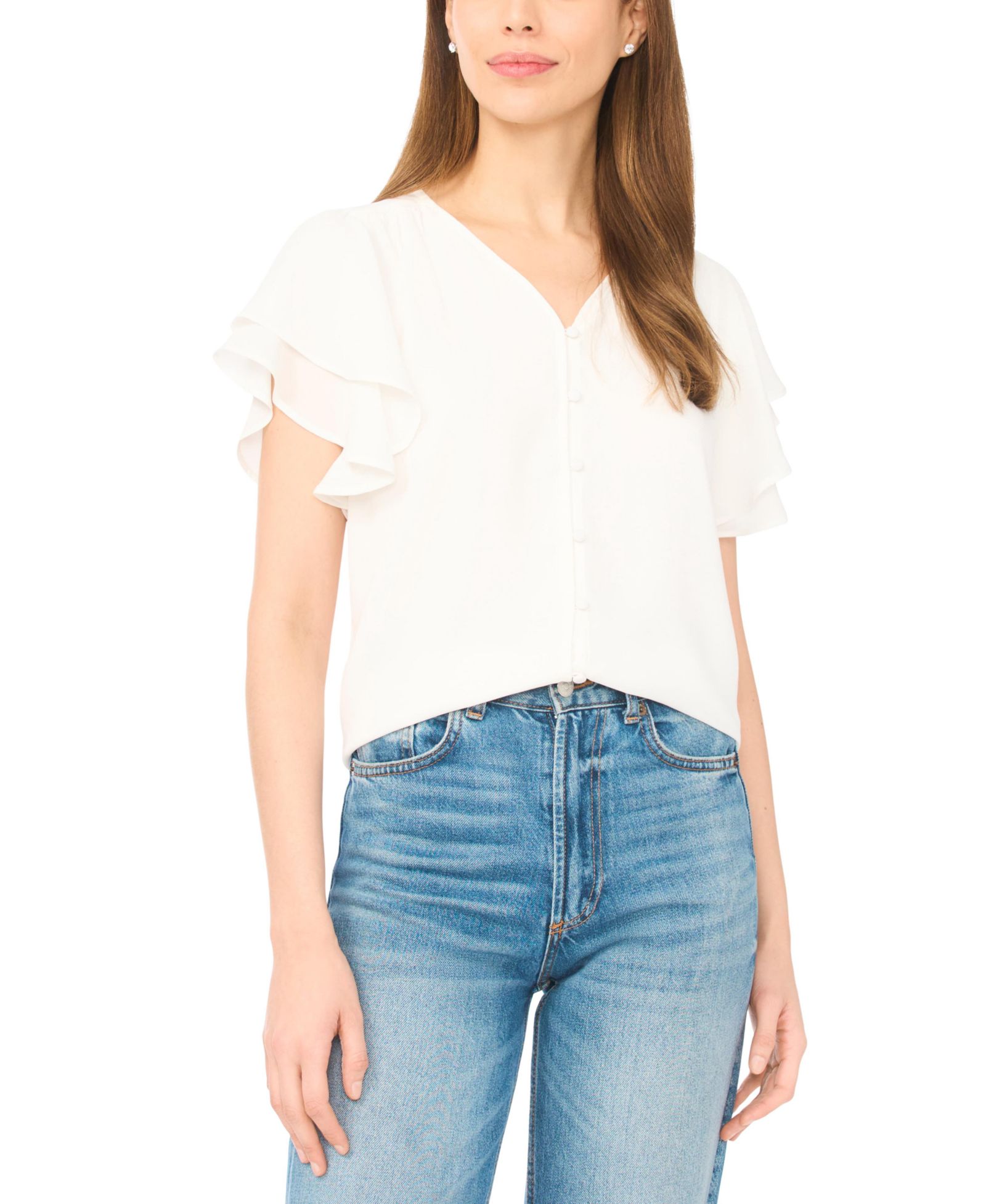 CeCe Women's V-Neck Double Flutter-Sleeve Top