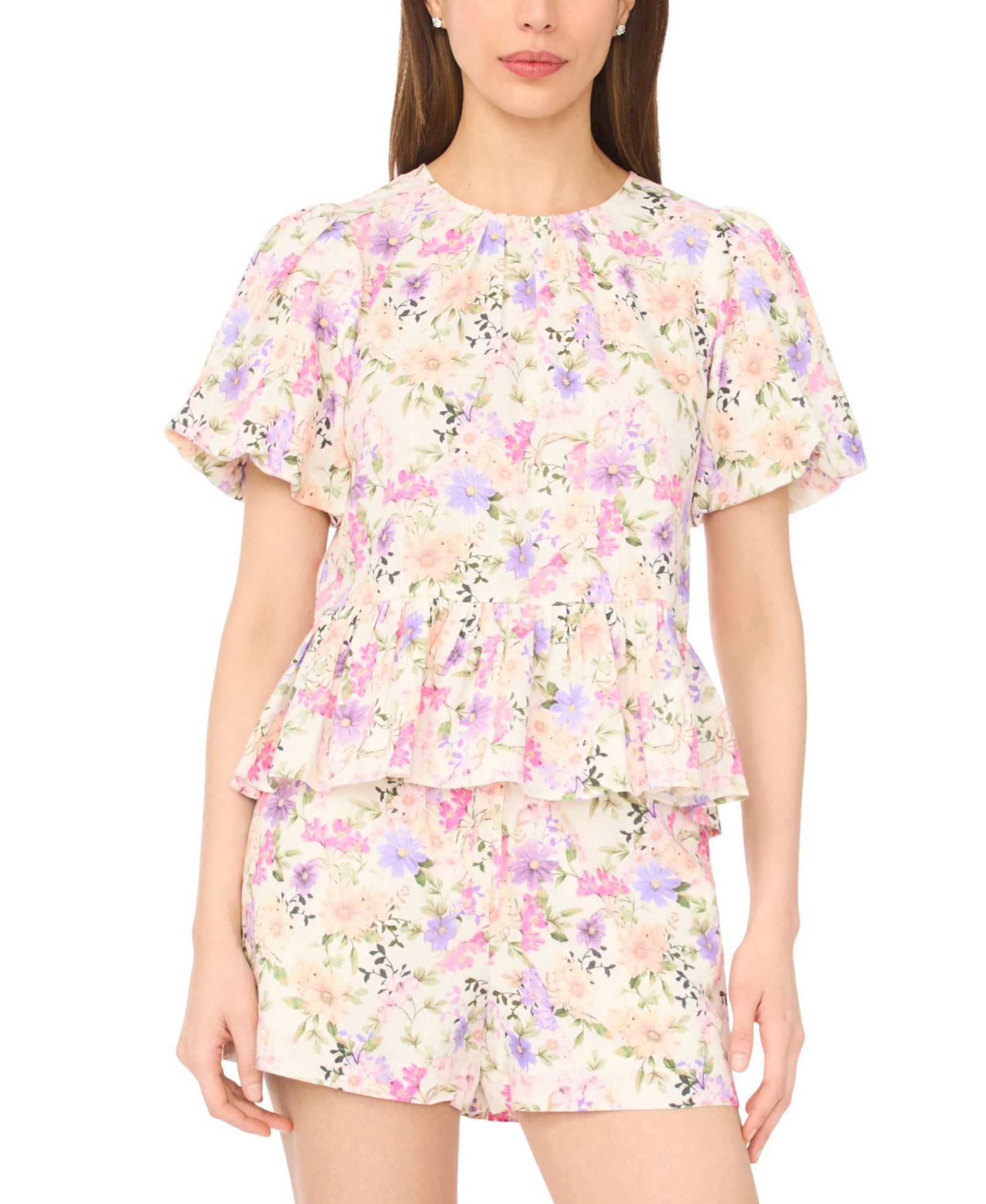 Женский топ CeCe Linen-Blend Floral Puff-Sleeve Peplum