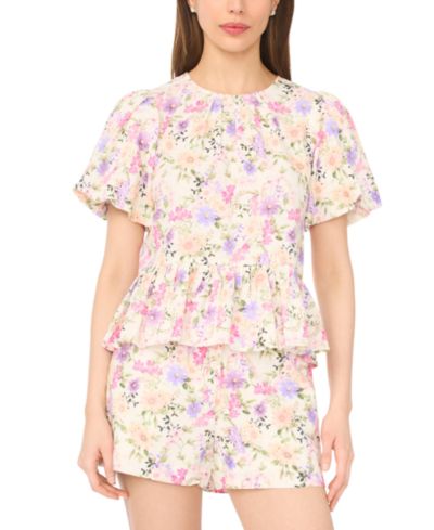 CeCe Women's Linen-Blend Floral Puff-Sleeve Crew Neck Peplum Top