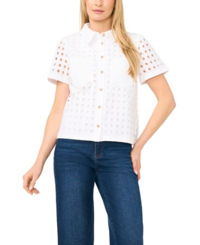 CeCe Women's Short Sleeve Eyelet Button-Down Top