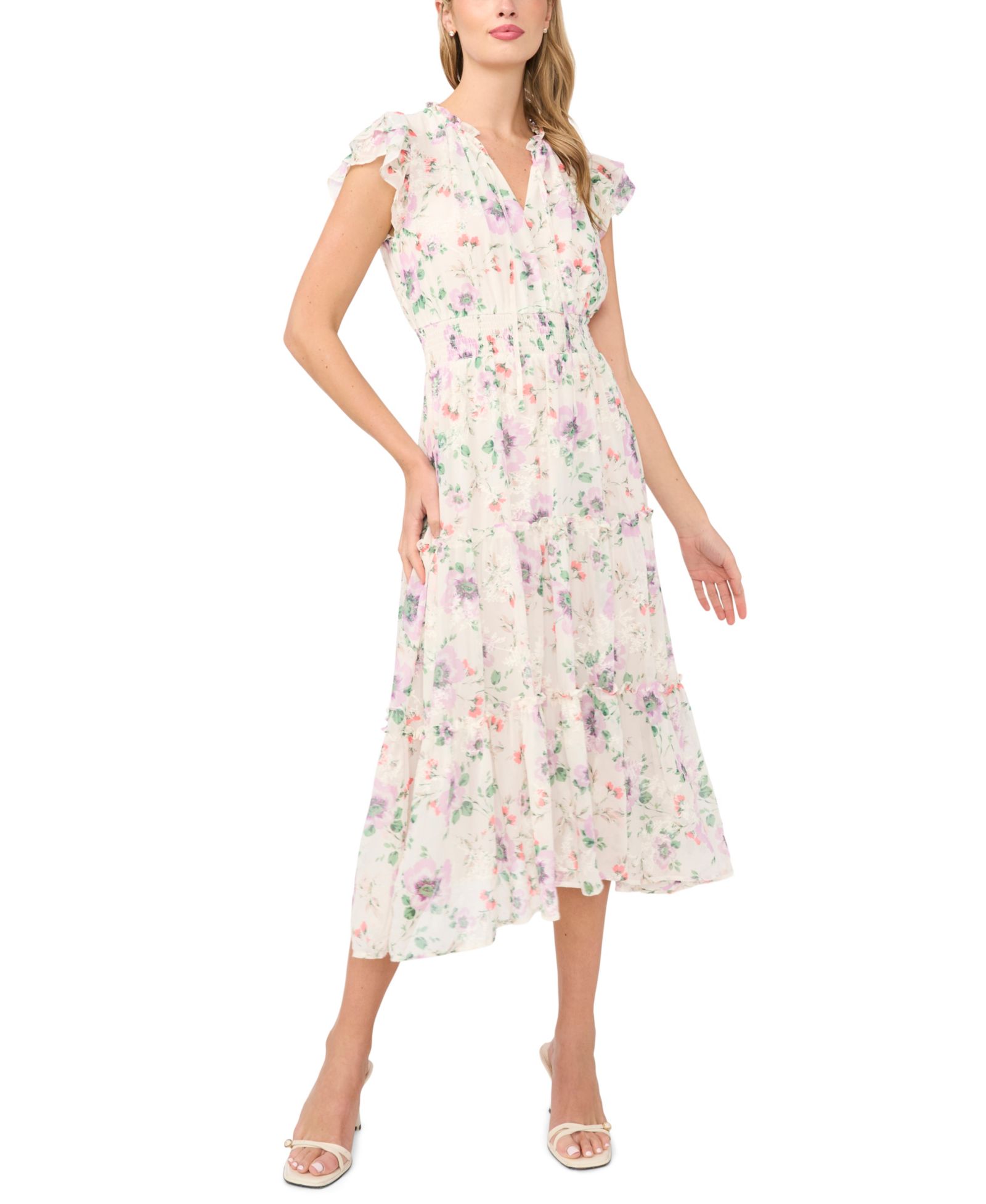 CeCe Women's Flutter-Sleeve Smocked Waist Split-Tie Neck Tiered Midi Dress