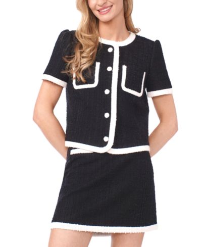 CeCe Women's Puff Sleeve Contrast Binding Crew Neck Jacket
