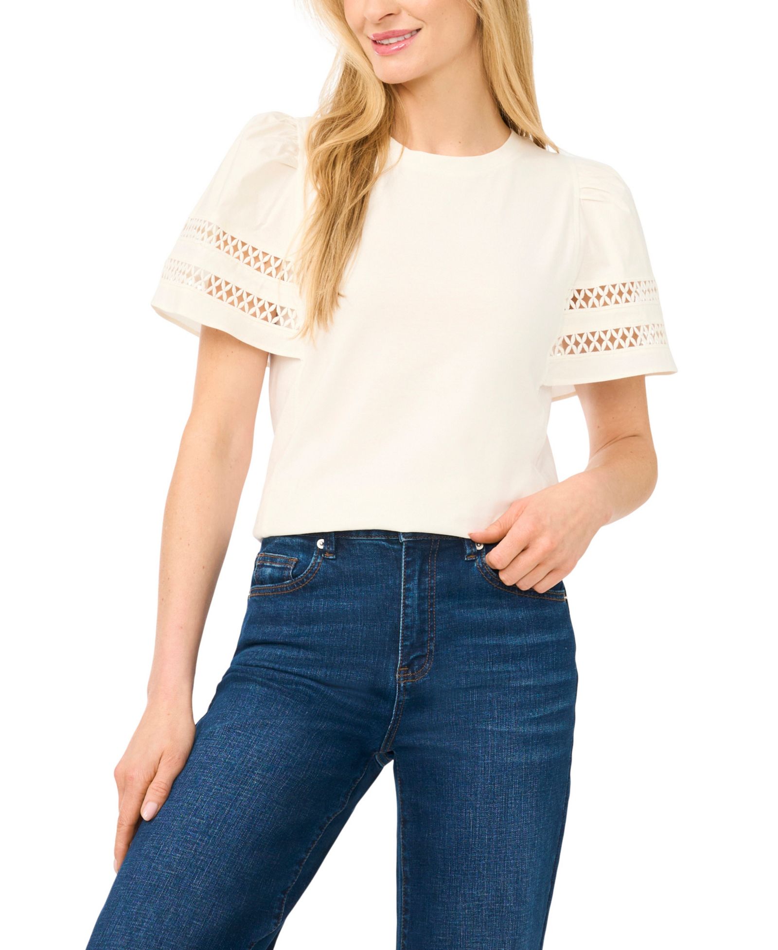 CeCe Women's Combo Trim-Sleeve Crew Neck Top