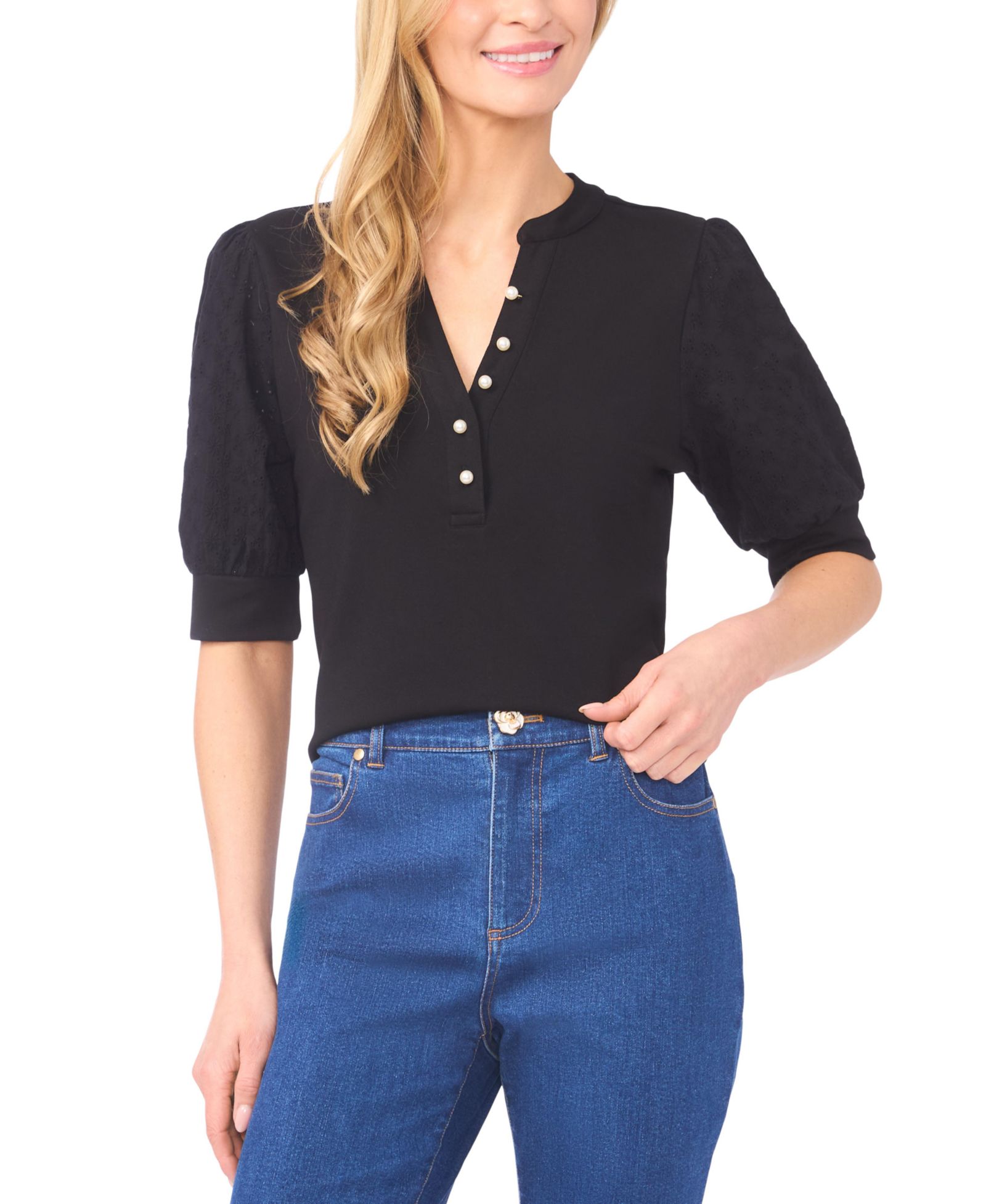Топ CeCe Women's Imitation Pearl Button Henley Puff 3/4-Sleeve