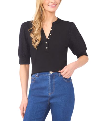 CeCe Women's Imitation Pearl Button Henley Puff 3/4-Sleeve Top