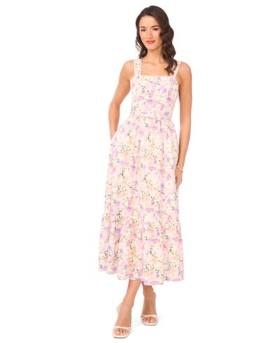 Женское миди-платье CeCe Linen-Blend Floral Smocked Back Belted Linen