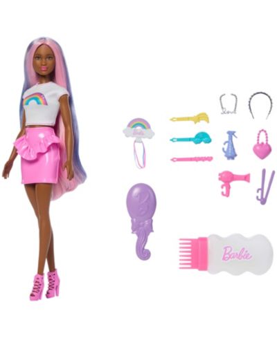 Barbie Rainbow Sparkle Hair Fashion Doll with Glitter Comb & Styling Accessories, Ages 3+